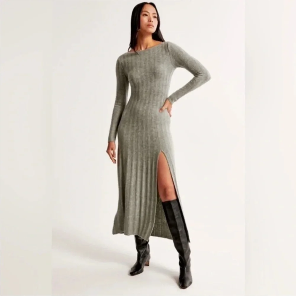 Abercrombie Fitch gray ribbed sweater knit side slit maxi dress size Medium NWT